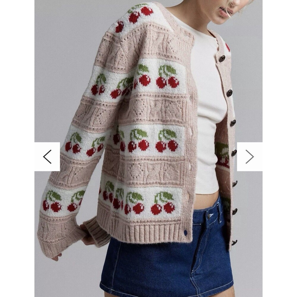 NWT Urban Outfitter Kimchi Blue Cherry Print Knit Cardigan, Size XS - Picture 2 of 9